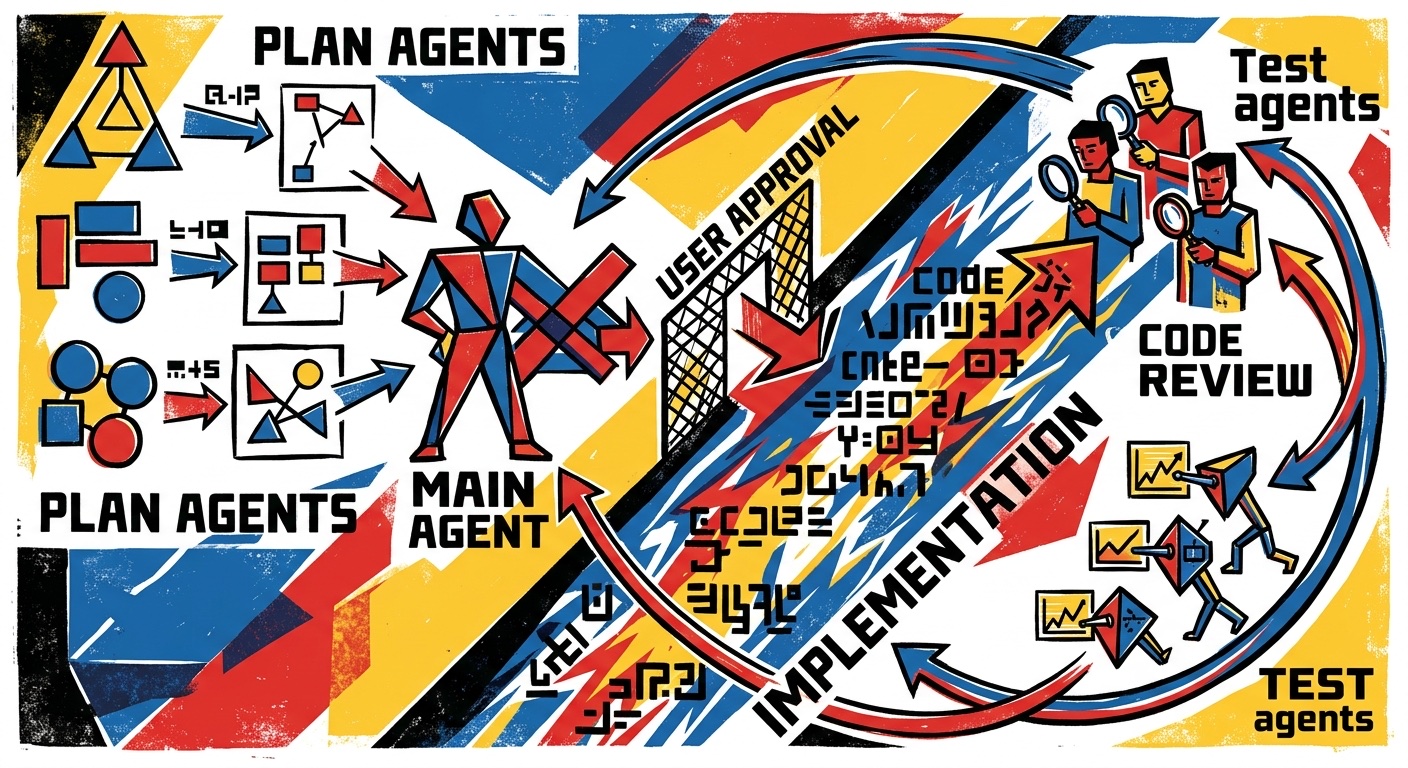 Structured coding workflow with plan agents, implementation, and review